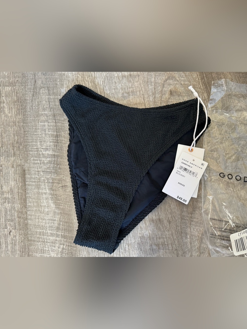 Good American SWIM Black Textured Lined Bikini Bottom XXS/XS, NWT, MSRP: $49